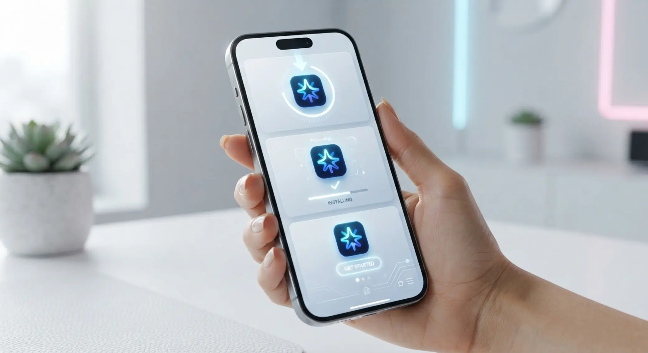 Instalacja aplikacji na iOS iPhone z ikoną aplikacji i symbolicznymi krokami instalacji
