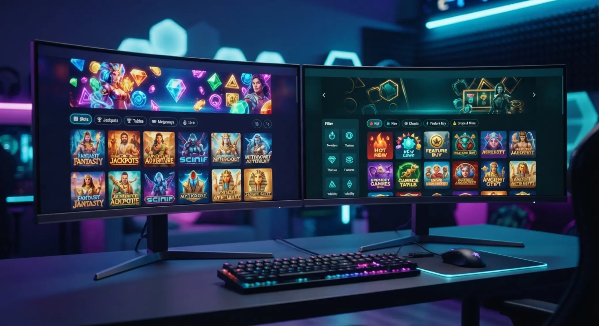 Porównanie lobby gier online Porównanie lobby gier na dwóch ekranach z kategoriami slotów