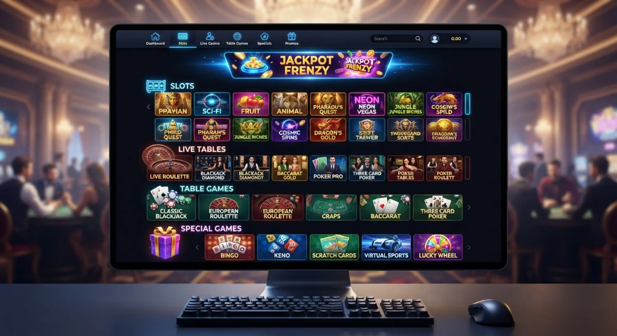 Ilustracja lobby gier z podziałem na sloty, live i gry stołowe