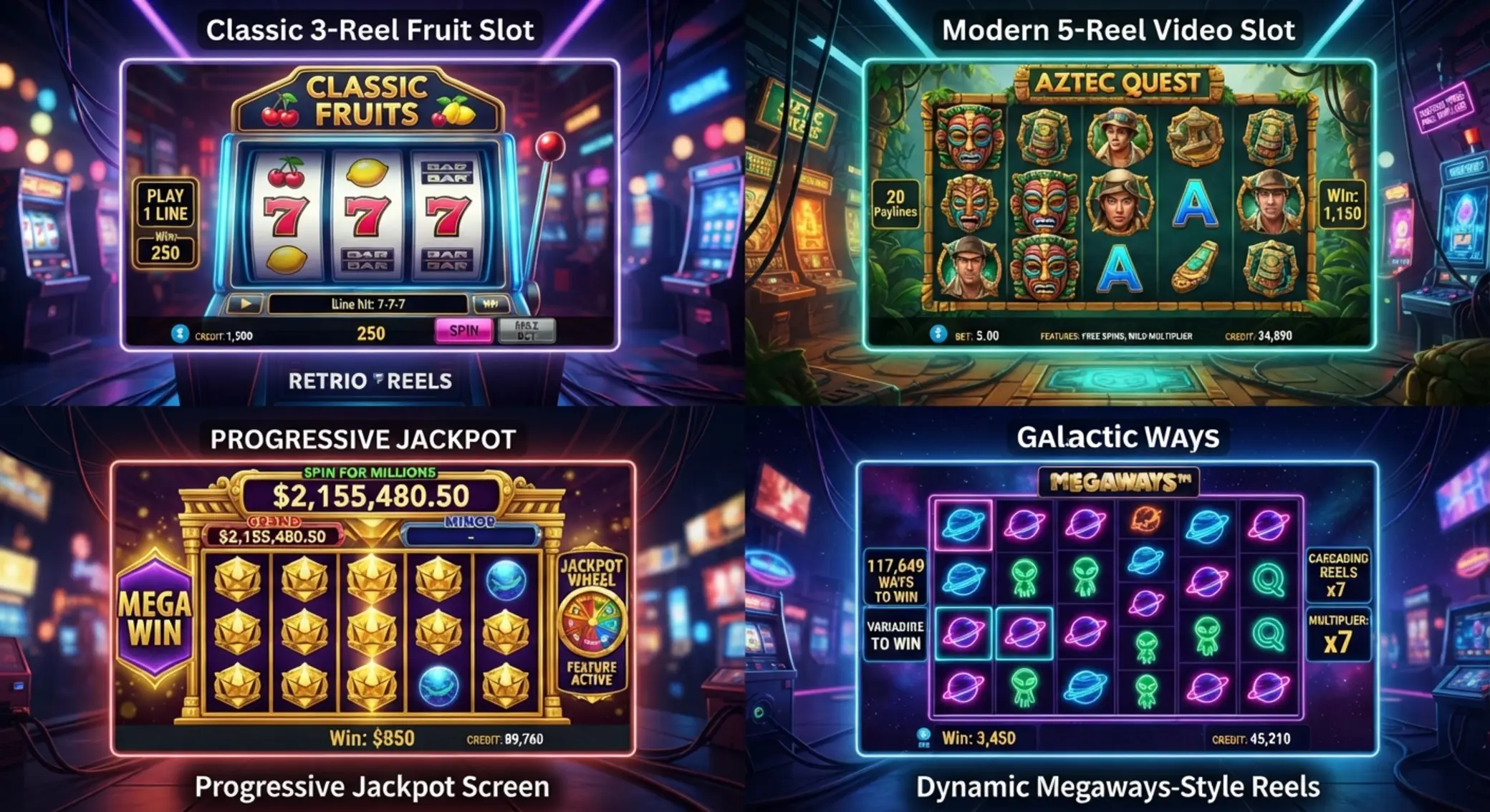 Kolaż różnych typów automatów online: klasyczne, wideo i jackpot