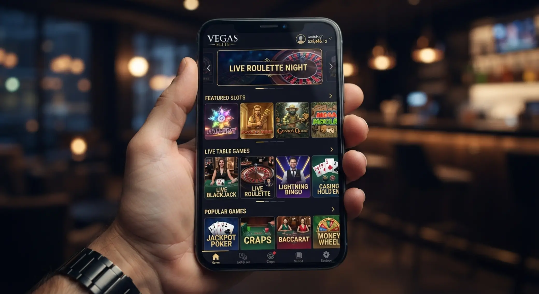 iPhone z różnymi typami gier mobilnych: slot, ruletka, blackjack i live