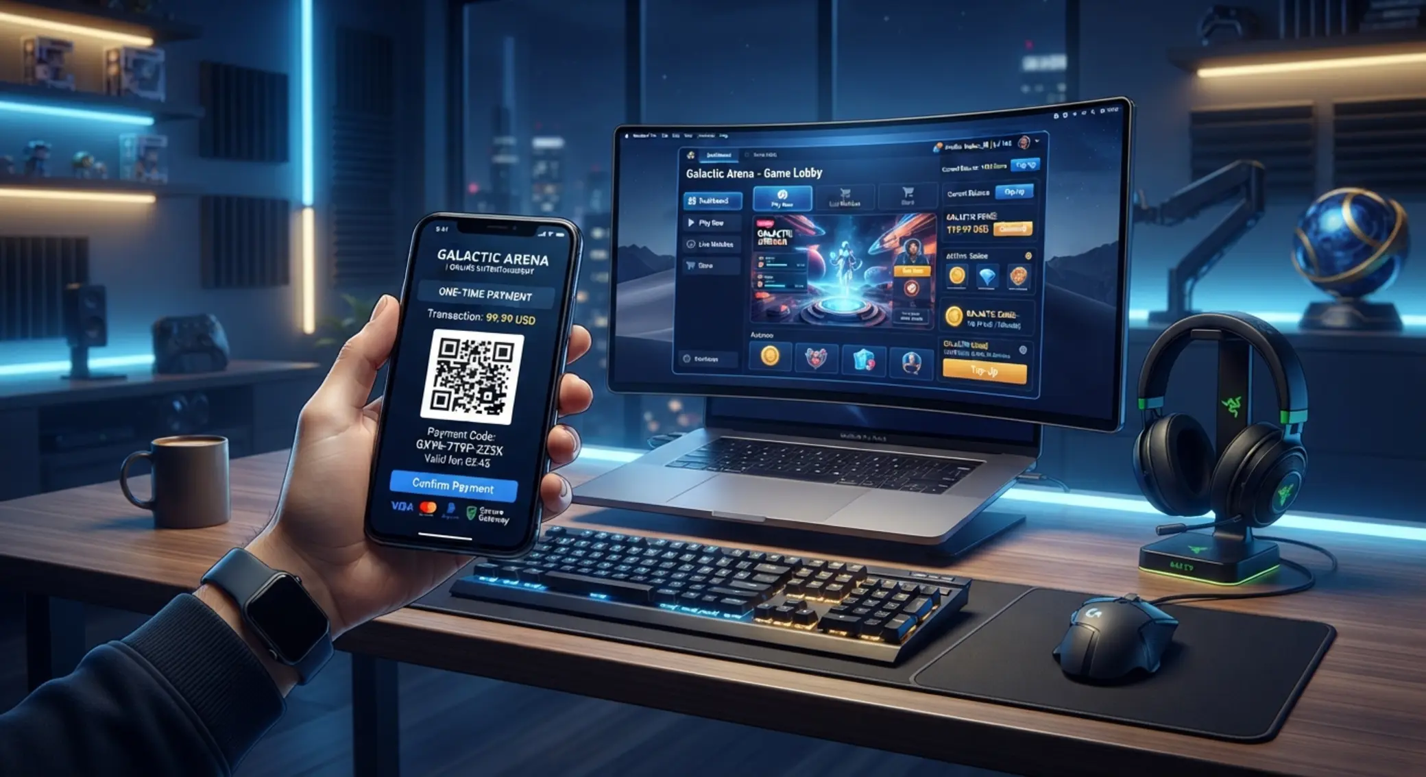 Płatność BLIK w kasynie online Smartfon z kodem BLIK obok laptopa z lobby kasyna online