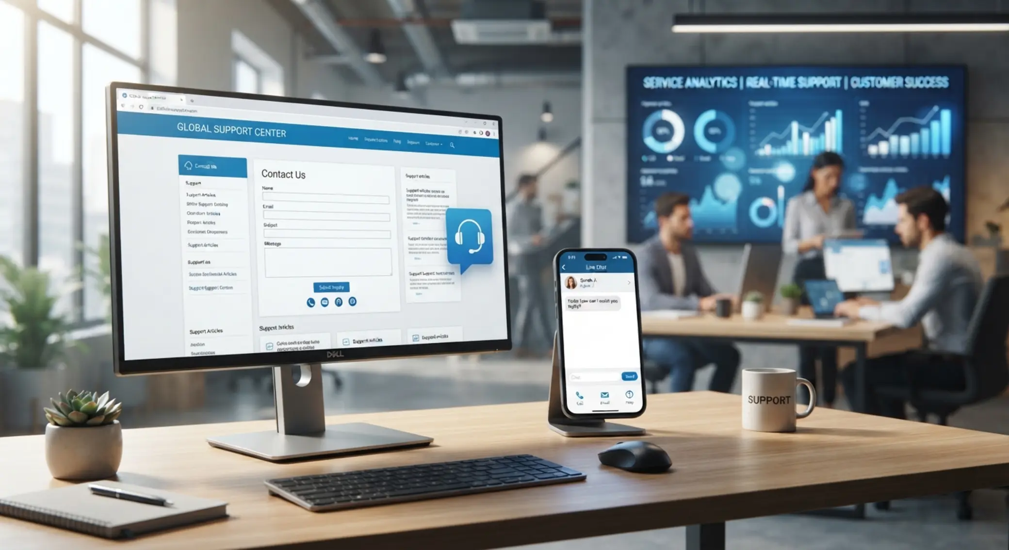 Formularz kontaktowy na stronie wsparcia Ekran z formularzem kontaktowym i ikonami wsparcia online